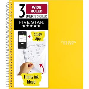 imageFive Star Spiral Notebook  Study App 3 Subject Wide Ruled Paper 8quot x 1012quot 150 Sheets Fights Ink Bleed Water Resistant Cover Tidewater Blue 7318409 Yellow