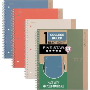 imageFive Star Spiral Notebook  Study App 4 Pack 1 Subject Recycled College Ruled Paper 812quot x 11quot 100 Sheets Fights Ink Bleed Zion Clay Olympic Green and Glacier Blue 820046