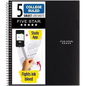 imageFive Star Spiral Notebook  Study App 5 Subject College Ruled Paper 812quot x 11quot 200 Sheets Fights Ink Bleed Water Resistant Cover Black 72081Black