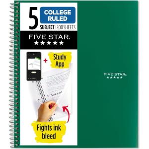 imageFive Star Spiral Notebook  Study App 5 Subject College Ruled Paper 812quot x 11quot 200 Sheets Fights Ink Bleed Water Resistant Cover Black 72081Green