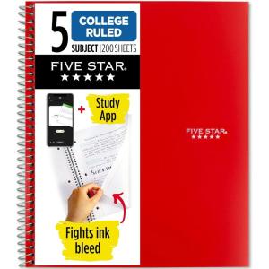 imageFive Star Spiral Notebook  Study App 5 Subject College Ruled Paper 812quot x 11quot 200 Sheets Fights Ink Bleed Water Resistant Cover Black 72081Red