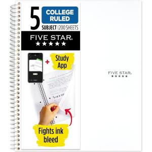 imageFive Star Spiral Notebook  Study App 5 Subject College Ruled Paper 812quot x 11quot 200 Sheets Fights Ink Bleed Water Resistant Cover Black 72081White