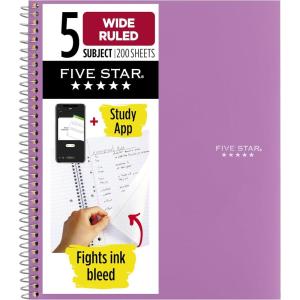 imageFive Star Spiral Notebook  Study App 5 Subject Wide Ruled Paper 8quot x 1012quot 200 Sheets Fights Ink Bleed Water Resistant Cover Black 72045Amethyst Purple