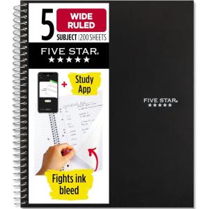 imageFive Star Spiral Notebook  Study App 5 Subject Wide Ruled Paper 8quot x 1012quot 200 Sheets Fights Ink Bleed Water Resistant Cover Black 72045Black