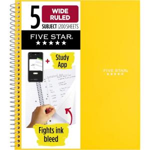 imageFive Star Spiral Notebook  Study App 5 Subject Wide Ruled Paper 8quot x 1012quot 200 Sheets Fights Ink Bleed Water Resistant Cover Black 72045Yellow
