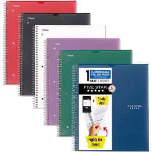imageFive Star Spiral Notebook  Study App 6 Pack 1 Subject College Ruled 812quot x 11quot 100 Sheets Fights Ink Bleed Customizable Water Resistant Cover Assorted Colors 820045ECM
