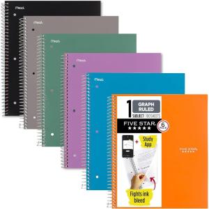 imageFive Star Spiral Notebook  Study App 6 Pack 1 Subject Graph Ruled Paper 812quot x 11quot 100 Sheets Fights Ink Bleed Water Resistant Cover Assorted Colors 735496 Count pack of 1