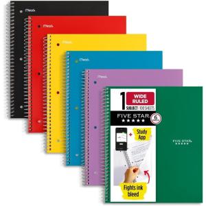 imageFive Star Spiral Notebook  Study App 6 Pack 1 Subject Wide Ruled Paper 8quot x 1012quot 100 Sheets Fights Ink Bleed Water Resistant Cover Assorted Colors 38042