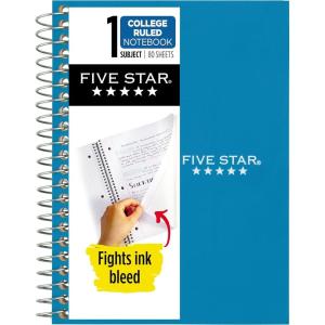 imageFive Star Spiral Notebook 1 Subject College Ruled Paper Personal Size 438quot x 7quot 80 Sheets Fights Ink Bleed Water Resistant Cover Black 450048AA2ECMTidewater Blue