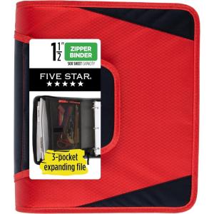 imageFive Star Zipper Binder 112 Inch 3Ring Binder with Round Rings 3Pocket Expanding File 500 Sheet Capacity Fire Red 72206Red