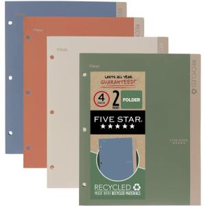 imageFive Star 2 Pocket Folders 4 Pack Recycled Plastic Folders with StayPut Tabs and Prong Fasteners Fits 3Ring Binder Holds 11 x 812 Paper Writable Label Clay Green Blue Gray 33002