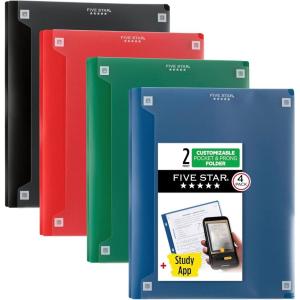 imageFive Star 2Pocket Folder  Study App 4 Pack Plastic Folder with Prong Fasteners and Customizable Clear Cover Holds 812quot x 11quot Paper Black Pacific Blue Fire Red Forest Green 340220AECM