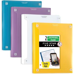 imageFive Star 2Pocket Folder  Study App 4 Pack Plastic Folder with Prong Fasteners and Customizable Clear Cover Holds 812quot x 11quot Paper White Purple Yellow Blue 340220BECM