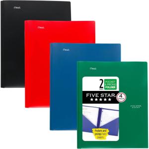 imageFive Star 2Pocket Folder 4 Pack Plastic Folder with Prong Fasteners Holds 812quot x 11quot Paper Black Fire Red Forest Green Pacific Blue 38140Assorted