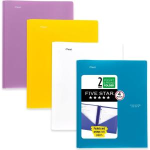 imageFive Star 2Pocket Folder 4 Pack Plastic Folder with Prong Fasteners Holds 812quot x 11quot Paper Black Fire Red Forest Green Pacific Blue 38140Trend