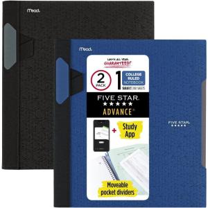 imageFive Star Advance Spiral Notebooks  Study App 2 Pack 1 Subject College Ruled Paper 11quot x 812quot 100 Sheets With Spiral Guard and Movable Dividers Black Pacific Blue 8201122 Pack
