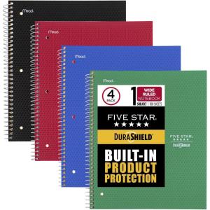 imageFive Star DuraShield Antimicrobial 2 Pocket StayPut Plastic Folders 4 Pack Holds 11quot x 812quot Color May Vary 330010Wide Ruled Notebooks