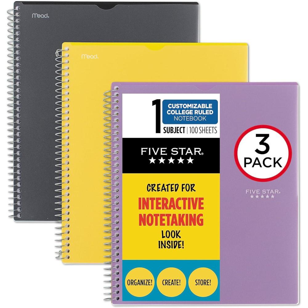 imageFive Star Interactive Notetaking Spiral Notebooks 3 Pack 1Subject College Ruled Paper 11quot x 812quot 100 Sheets Customizable Cover Black Amethyst Purple Harvest Yellow 820196ECM