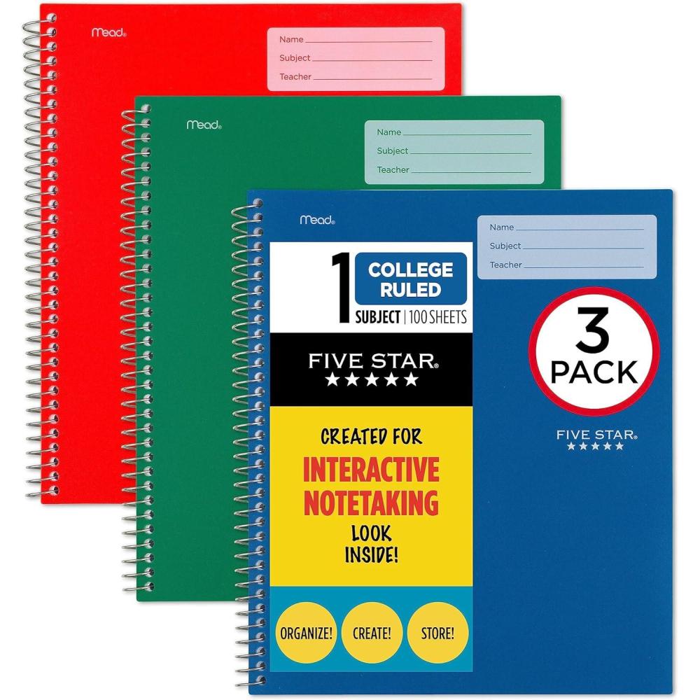 imageFive Star Interactive Notetaking Spiral Notebooks 6 Pack 1 Subject College Ruled Paper 11quot x 812quot 100 Sheets Assorted Colors 820019ECMGreen  Red  Blue
