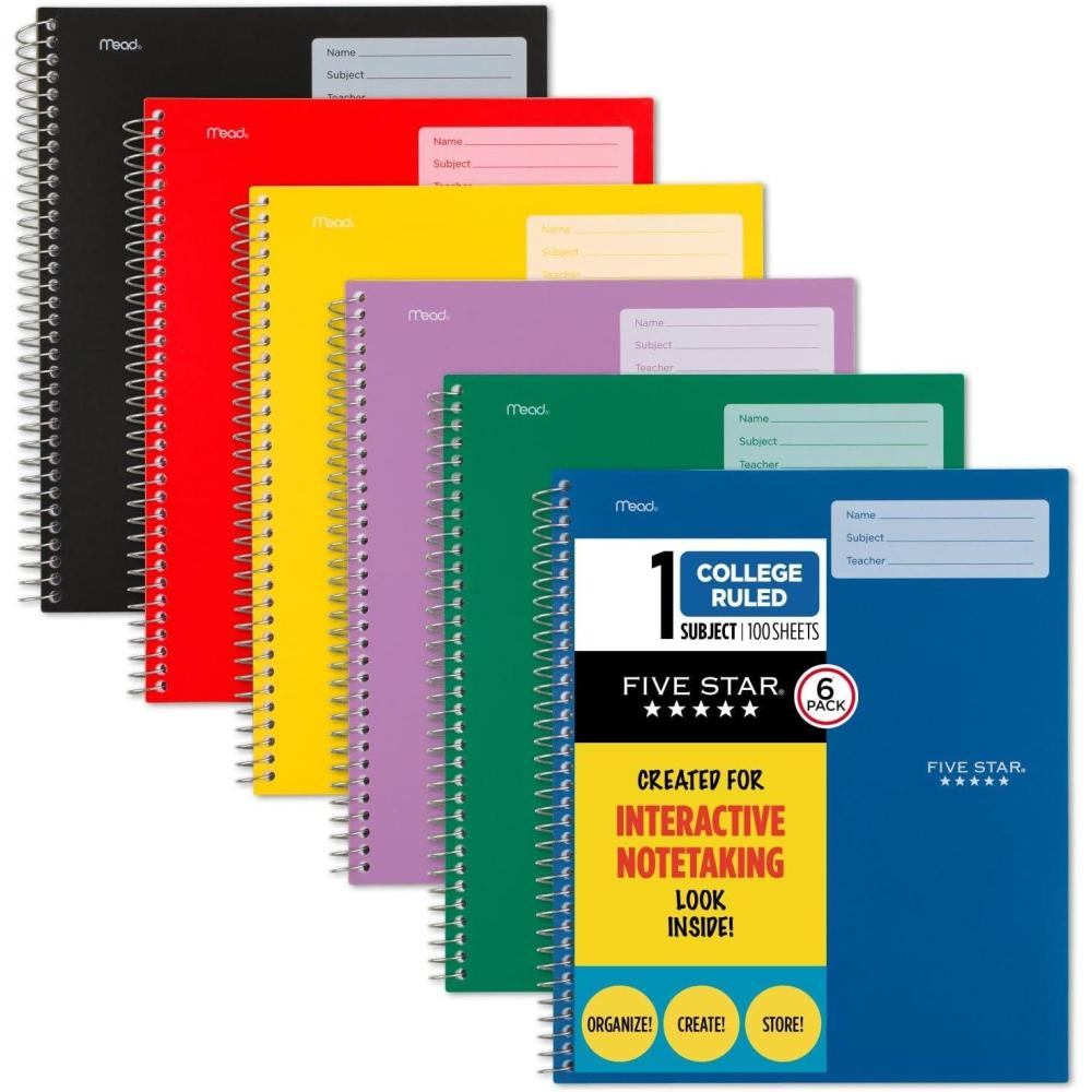 imageFive Star Interactive Notetaking Spiral Notebooks 6 Pack 1 Subject College Ruled Paper 11quot x 812quot 100 Sheets Assorted Colors 820019ECMRed  Yellow  Green  Blue  Purple  Black