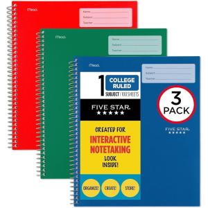imageFive Star Interactive Notetaking Spiral Notebooks 6 Pack 1 Subject College Ruled Paper 11quot x 812quot 100 Sheets Assorted Colors 820019ECMGreen  Red  Blue