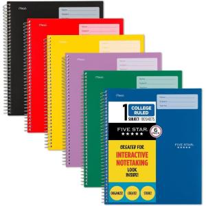 imageFive Star Interactive Notetaking Spiral Notebooks 6 Pack 1 Subject College Ruled Paper 11quot x 812quot 100 Sheets Assorted Colors 820019ECMRed  Yellow  Green  Blue  Purple  Black
