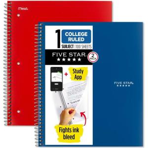 imageFive Star Spiral Notebook  Study App 2 Pack 1 Subject College Ruled Paper 100 Sheets 812quot x 11quot Pacific Blue Fire Red 38452Bluered