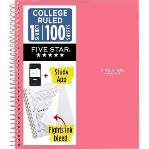 image:imageFive Star Spiral Notebook  Study App 1 Subject College Ruled Paper 812 x 11 100 Sheets Fights Ink Bleed Water Resistant Cover Prom Pink 820002RProm Pink