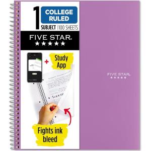 image:imageFive Star Spiral Notebook  Study App 1 Subject College Ruled Paper 812 x 11 100 Sheets Fights Ink Bleed Water Resistant Cover Prom Pink 820002RPurple