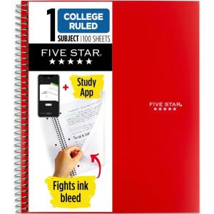 image:imageFive Star Spiral Notebook  Study App 1 Subject College Ruled Paper 812 x 11 100 Sheets Fights Ink Bleed Water Resistant Cover Prom Pink 820002RRed