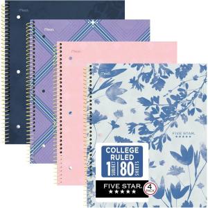 image:imageFive Star Spiral Notebook  Study App 1 Subject College Ruled Paper 812 x 11 80 Sheets Styles 4 Pack 850222FStyles