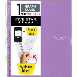 image:imageFive Star Spiral Notebook  Study App 1 Subject Graph Ruled Paper 812 x 11 100 Sheets Fights Ink Bleed Water Resistant Cover Fire Red 620000DAmethyst