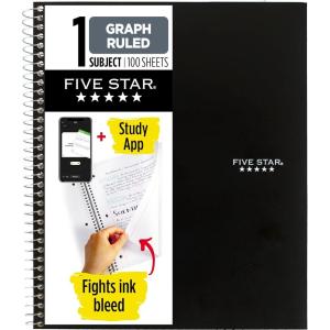 image:imageFive Star Spiral Notebook  Study App 1 Subject Graph Ruled Paper 812 x 11 100 Sheets Fights Ink Bleed Water Resistant Cover Fire Red 620000DBlack