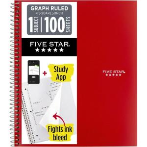 image:imageFive Star Spiral Notebook  Study App 1 Subject Graph Ruled Paper 812 x 11 100 Sheets Fights Ink Bleed Water Resistant Cover Fire Red 620000DFire Red