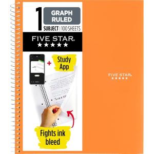 image:imageFive Star Spiral Notebook  Study App 1 Subject Graph Ruled Paper 812 x 11 100 Sheets Fights Ink Bleed Water Resistant Cover Fire Red 620000DSedona