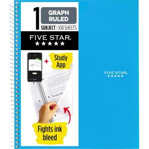image:imageFive Star Spiral Notebook  Study App 1 Subject Graph Ruled Paper 812 x 11 100 Sheets Fights Ink Bleed Water Resistant Cover Fire Red 620000DTidewater Blue