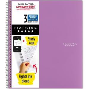 image:imageFive Star Spiral Notebook  Study App 3 Subject College Ruled Paper 812 x 11 150 Sheets Fights Ink Bleed Water Resistant Cover Prom Pink 820003RAmethyst Purple