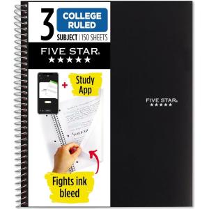 image:imageFive Star Spiral Notebook  Study App 3 Subject College Ruled Paper 812 x 11 150 Sheets Fights Ink Bleed Water Resistant Cover Prom Pink 820003RBlack