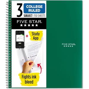 image:imageFive Star Spiral Notebook  Study App 3 Subject College Ruled Paper 812 x 11 150 Sheets Fights Ink Bleed Water Resistant Cover Prom Pink 820003RGreen