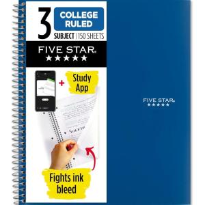 image:imageFive Star Spiral Notebook  Study App 3 Subject College Ruled Paper 812 x 11 150 Sheets Fights Ink Bleed Water Resistant Cover Prom Pink 820003RPacific Blue