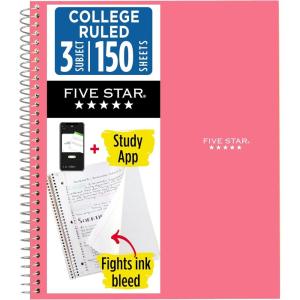 image:imageFive Star Spiral Notebook  Study App 3 Subject College Ruled Paper 812 x 11 150 Sheets Fights Ink Bleed Water Resistant Cover Prom Pink 820003RProm Pink