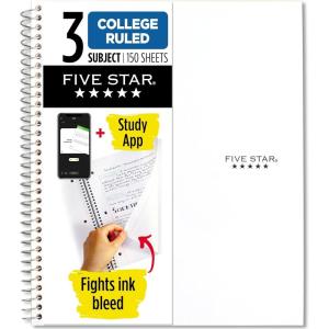 image:imageFive Star Spiral Notebook  Study App 3 Subject College Ruled Paper 812 x 11 150 Sheets Fights Ink Bleed Water Resistant Cover Prom Pink 820003RWhite