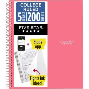 image:imageFive Star Spiral Notebook  Study App 5 Subject College Ruled Paper 812 x 11 200 Sheets Fights Ink Bleed Water Resistant Cover Prom Pink 820004RProm Pink