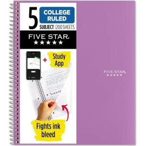 image:imageFive Star Spiral Notebook  Study App 5 Subject College Ruled Paper 812 x 11 200 Sheets Fights Ink Bleed Water Resistant Cover Prom Pink 820004RPurple