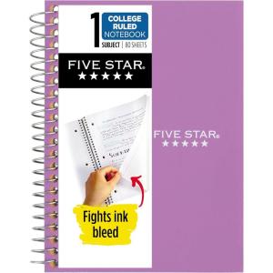 image:imageFive Star Spiral Notebook 1 Subject College Ruled Paper 438 x 7 Personal Size 80 Sheets Fights Ink Bleed Water Resistant Cover White 450048EAmethyst Purple