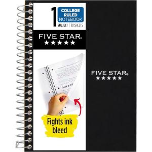image:imageFive Star Spiral Notebook 1 Subject College Ruled Paper 438 x 7 Personal Size 80 Sheets Fights Ink Bleed Water Resistant Cover White 450048EBlack