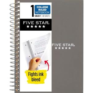 image:imageFive Star Spiral Notebook 1 Subject College Ruled Paper 438 x 7 Personal Size 80 Sheets Fights Ink Bleed Water Resistant Cover White 450048EGray