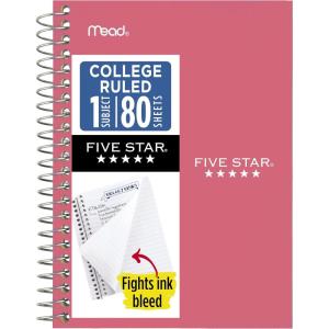image:imageFive Star Spiral Notebook 1 Subject College Ruled Paper 438 x 7 Personal Size 80 Sheets Fights Ink Bleed Water Resistant Cover White 450048EProm Pink