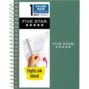 image:imageFive Star Spiral Notebook 1 Subject College Ruled Paper 438 x 7 Personal Size 80 Sheets Fights Ink Bleed Water Resistant Cover White 450048ESeaglass Green