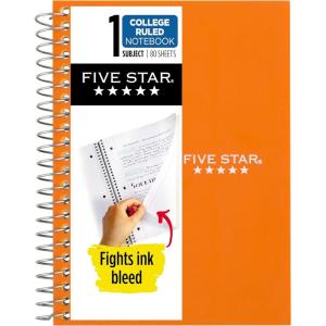 image:imageFive Star Spiral Notebook 1 Subject College Ruled Paper 438 x 7 Personal Size 80 Sheets Fights Ink Bleed Water Resistant Cover White 450048ESedona Orange